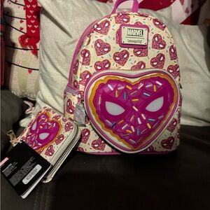 Loungefly Marvel Pink Donut Heart Backpack and Wallet